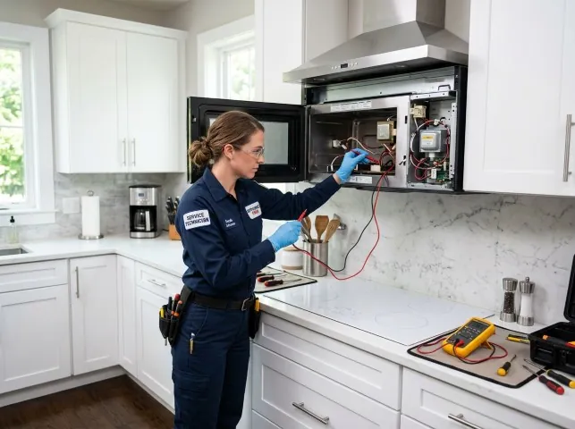 Appliance Repair Hero technician testing an over-the-range microwave in a Aberdeen, MS kitchen